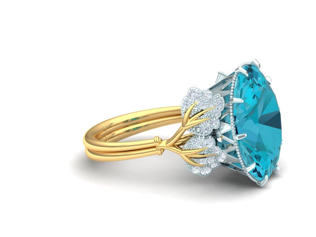 4 Carat Apatite and Diamond Yellow and White Gold Ring In Excellent Condition In Aliso Viejo, CA