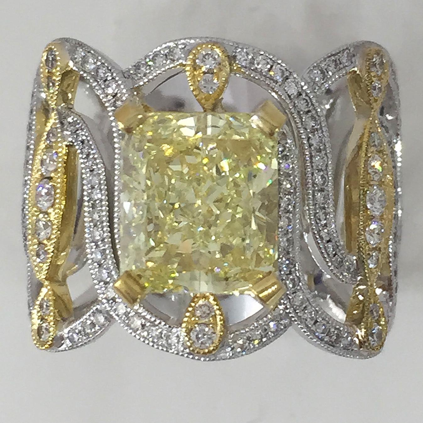 Radiant Cut 4 Carat Approximate Fancy Yellow Radiant and Diamond Ring-Ben Dannie For Sale