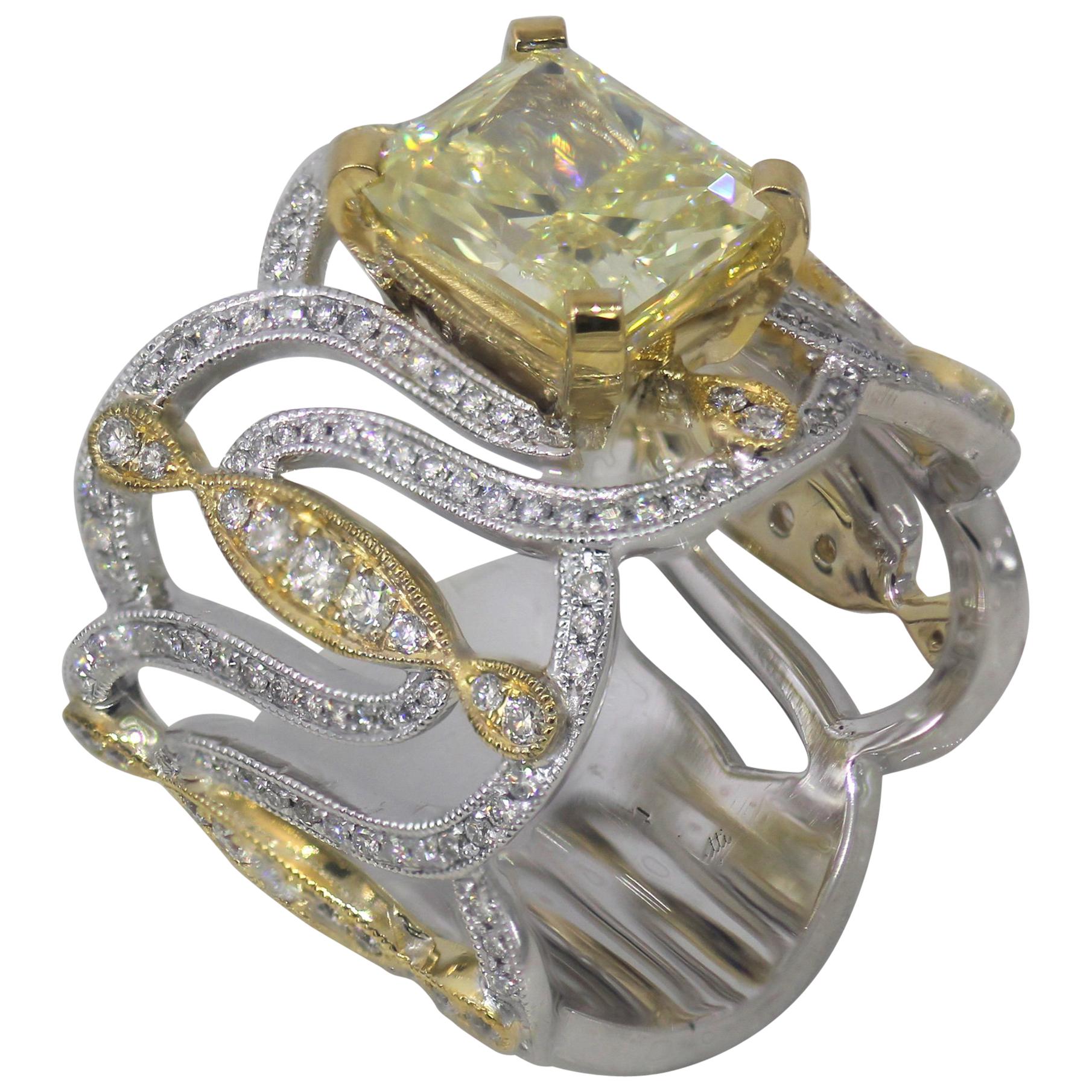 4 Carat Approximate Fancy Yellow Radiant and Diamond Ring-Ben Dannie For Sale