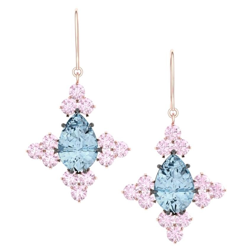 4 Carat Aquamarine and Pink Sapphire Rose Gold Silver Drop Dangle Earrings