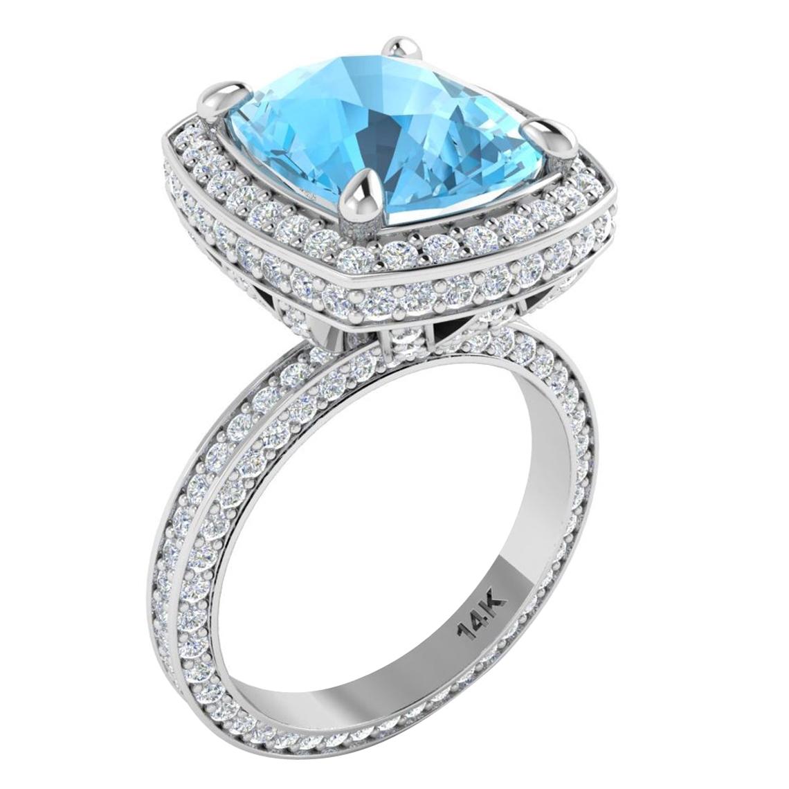 4 Carat Aquamarine Diamond Ring 14 Karat White Gold Art Deco Style For Sale
