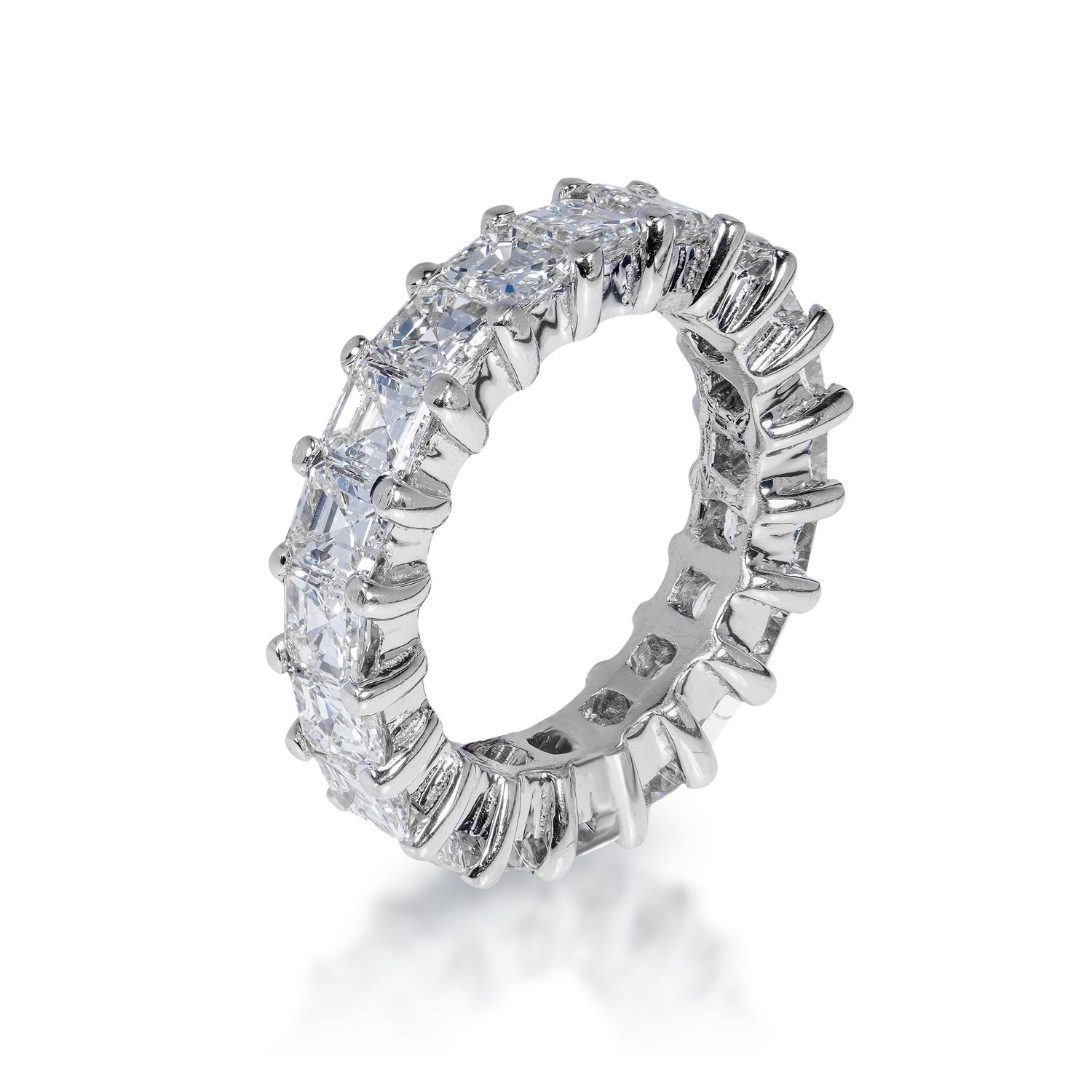 Eternity Band

Diamond:
Carat Weight: 4.45 Carats
Style: Asscher Cut

Setting: Shared Prong
Metal: 14 Karat White Gold

Total Carat Weight: 4.45 Carats