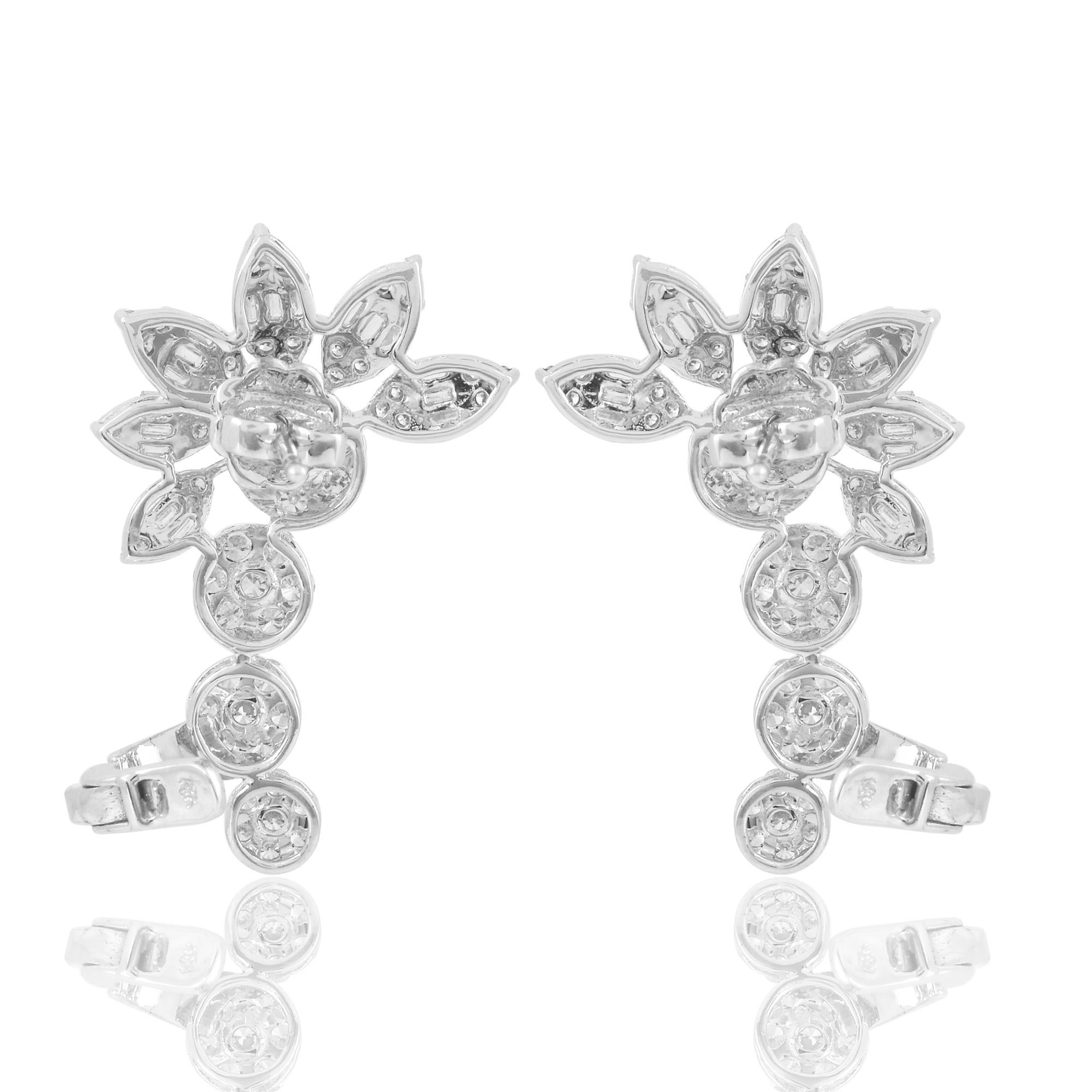 Modern 4 Carat Baguette Round Diamond Ear Cuff Earrings 18 Karat White Gold Jewelry For Sale