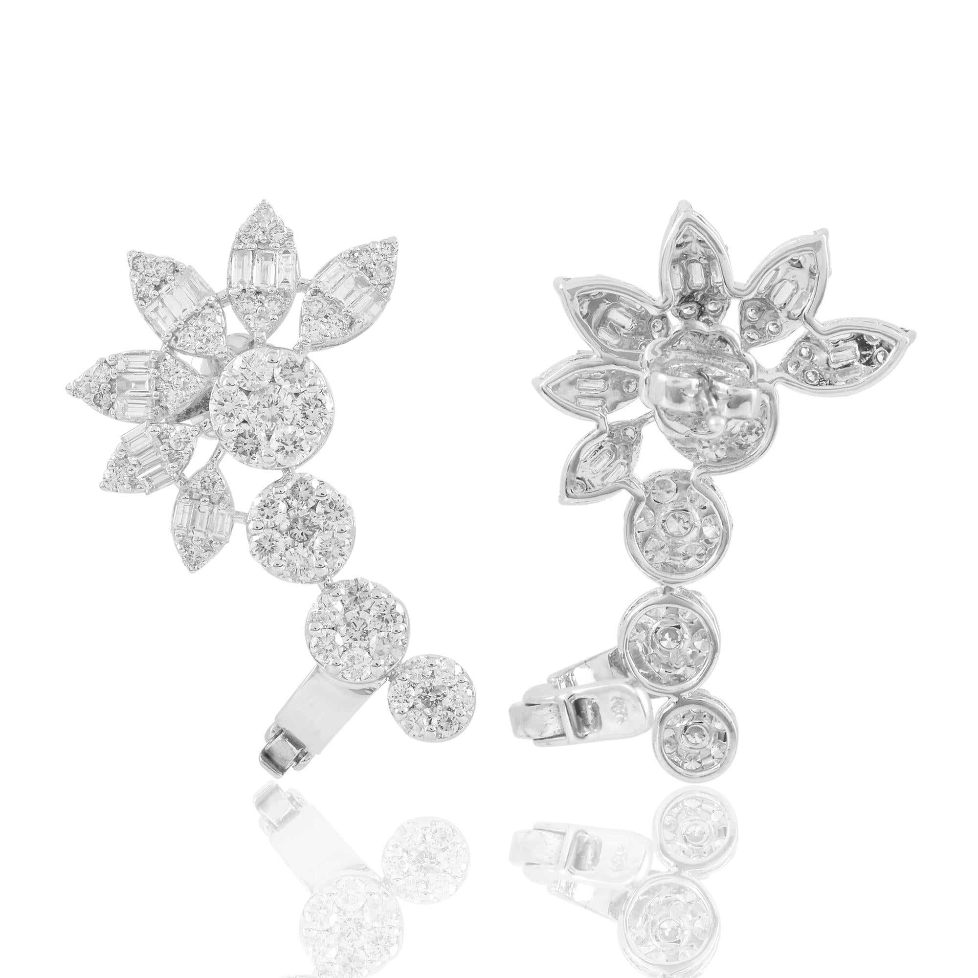 Women's 4 Carat Baguette Round Diamond Ear Cuff Earrings 18 Karat White Gold Jewelry For Sale
