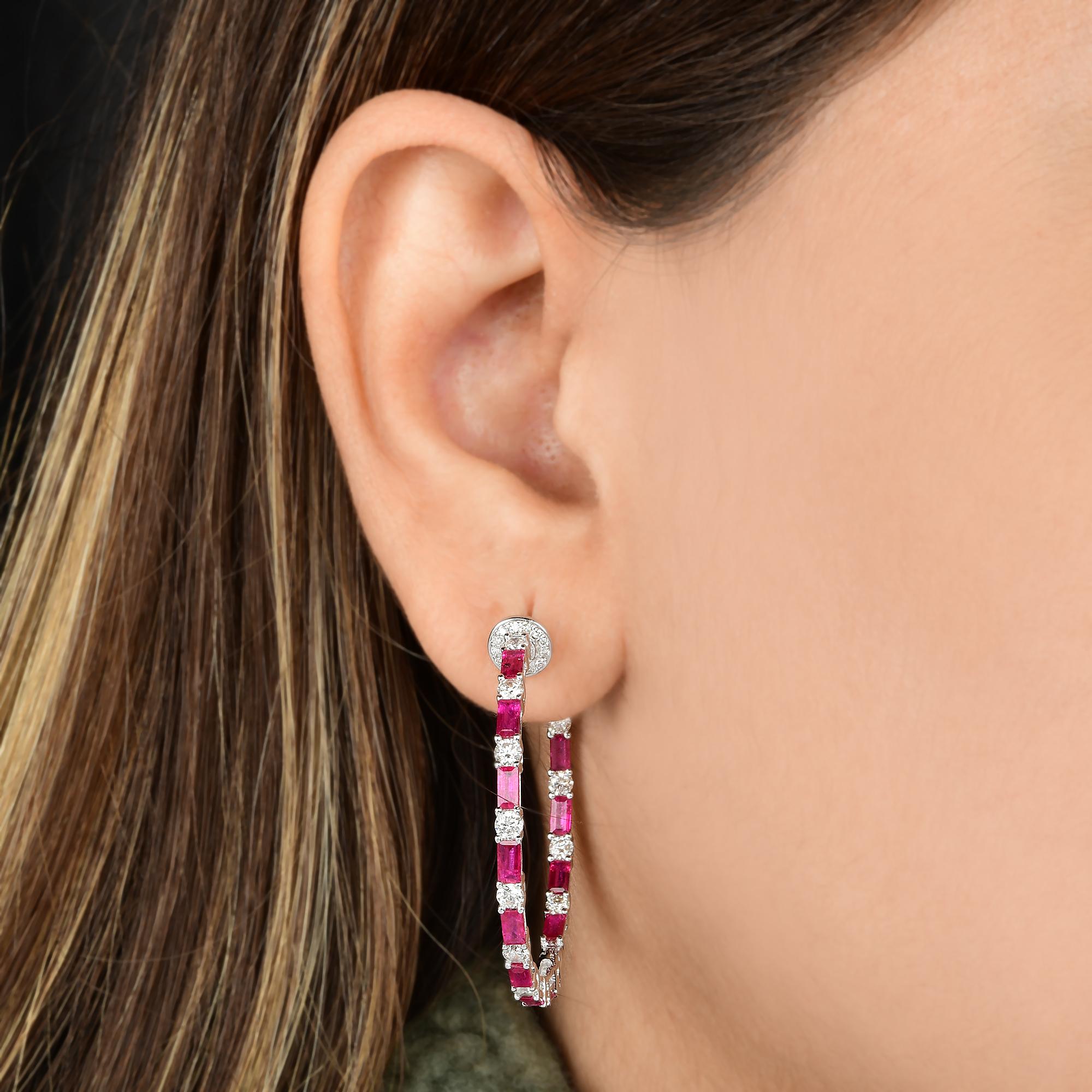 Modern 4 Carat Baguette Ruby Hoop Earrings 1.96 Carat Diamond Solid 18 Karat White Gold For Sale