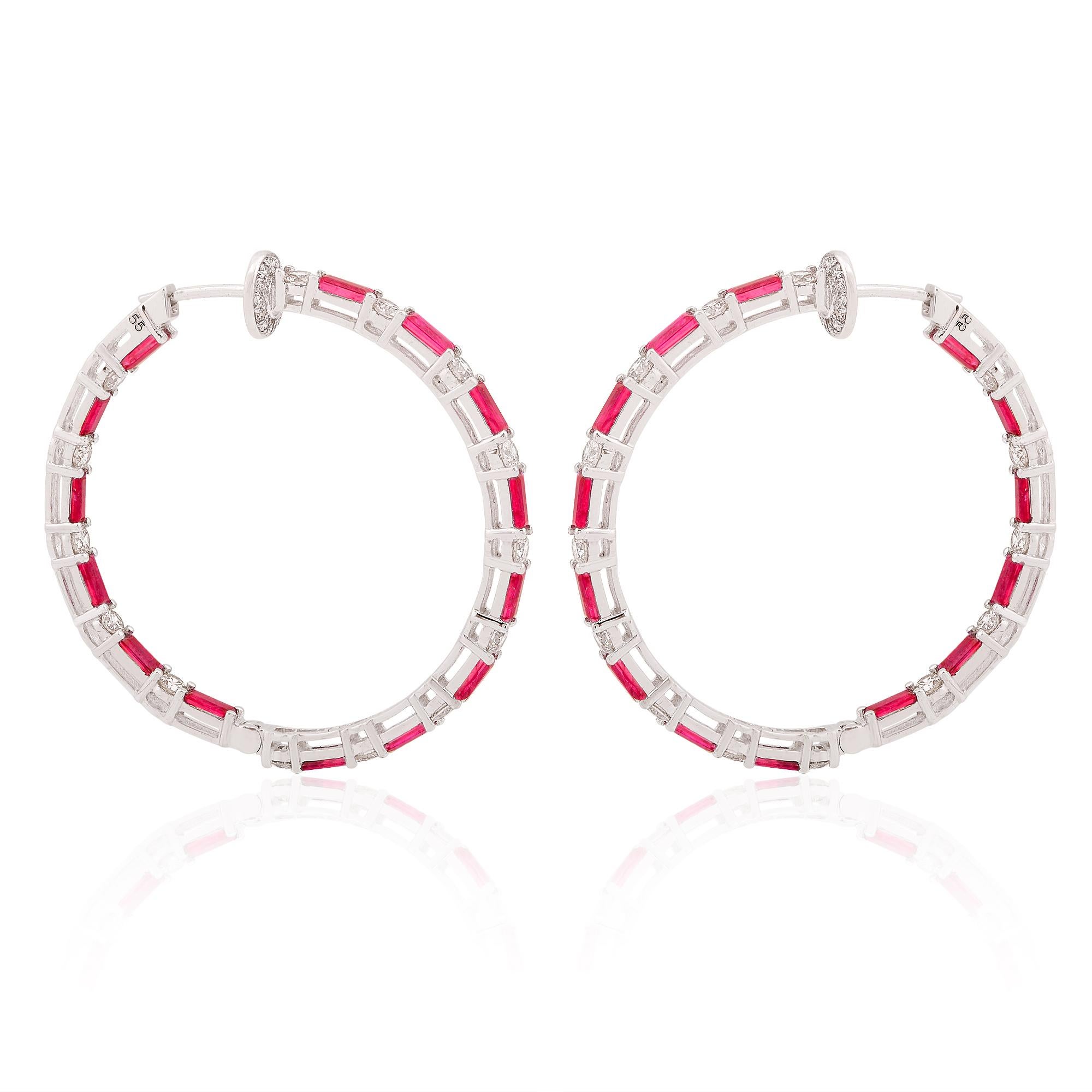 Baguette Cut 4 Carat Baguette Ruby Hoop Earrings 1.96 Carat Diamond Solid 18 Karat White Gold For Sale