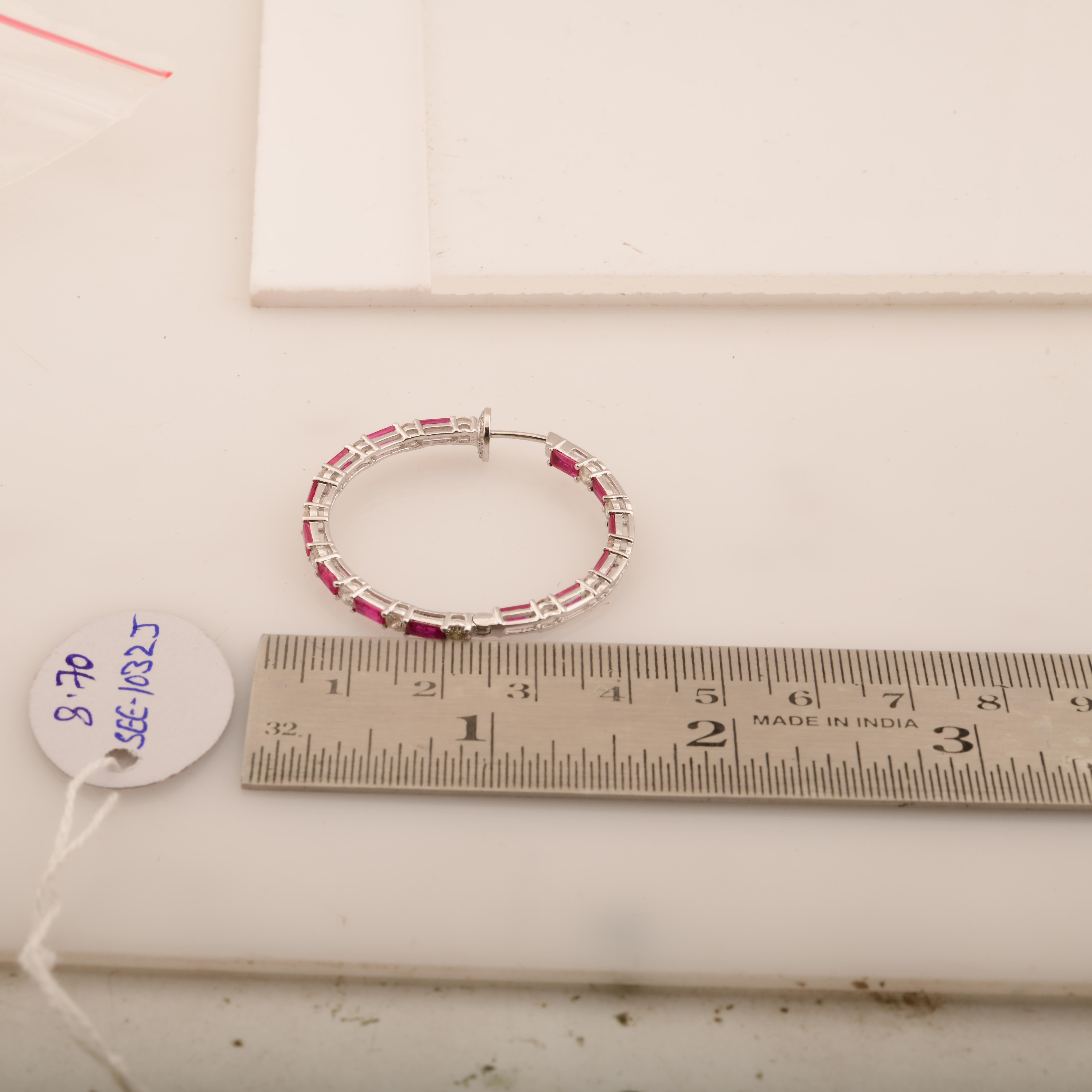 4 Carat Baguette Ruby Hoop Earrings 1.96 Carat Diamond Solid 18 Karat White Gold In New Condition For Sale In Diera, Dubai