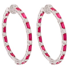 4 Karat Baguette-Rubin-Creolen-Ohrringe mit 1,96 Karat Diamant aus massivem 18 Karat Weißgold