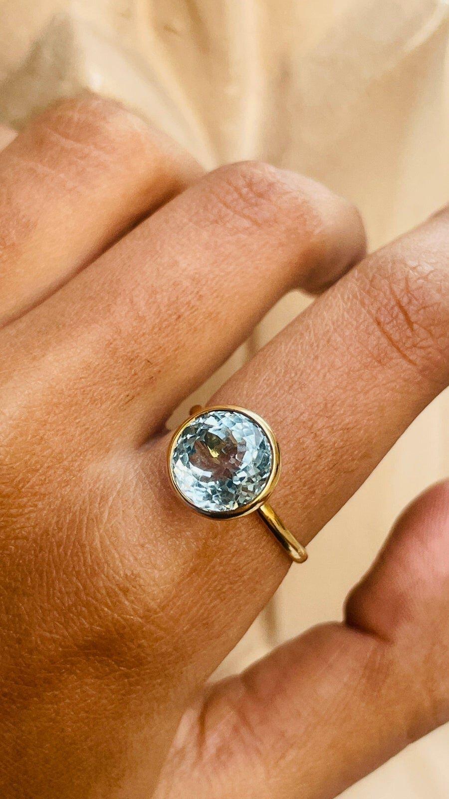 4 Carat Bezel Set Aquamarine Gemstone Ring in 18K Solid Yellow Gold 3