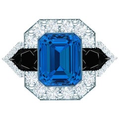 4 Carat Blue Topaz Onyx and Diamond Platinum Cocktail Ring