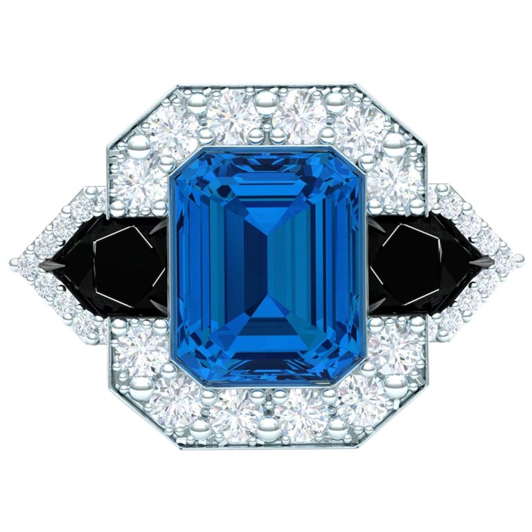 4 Carat Blue Topaz Onyx and Diamond Platinum Cocktail Ring For Sale at ...