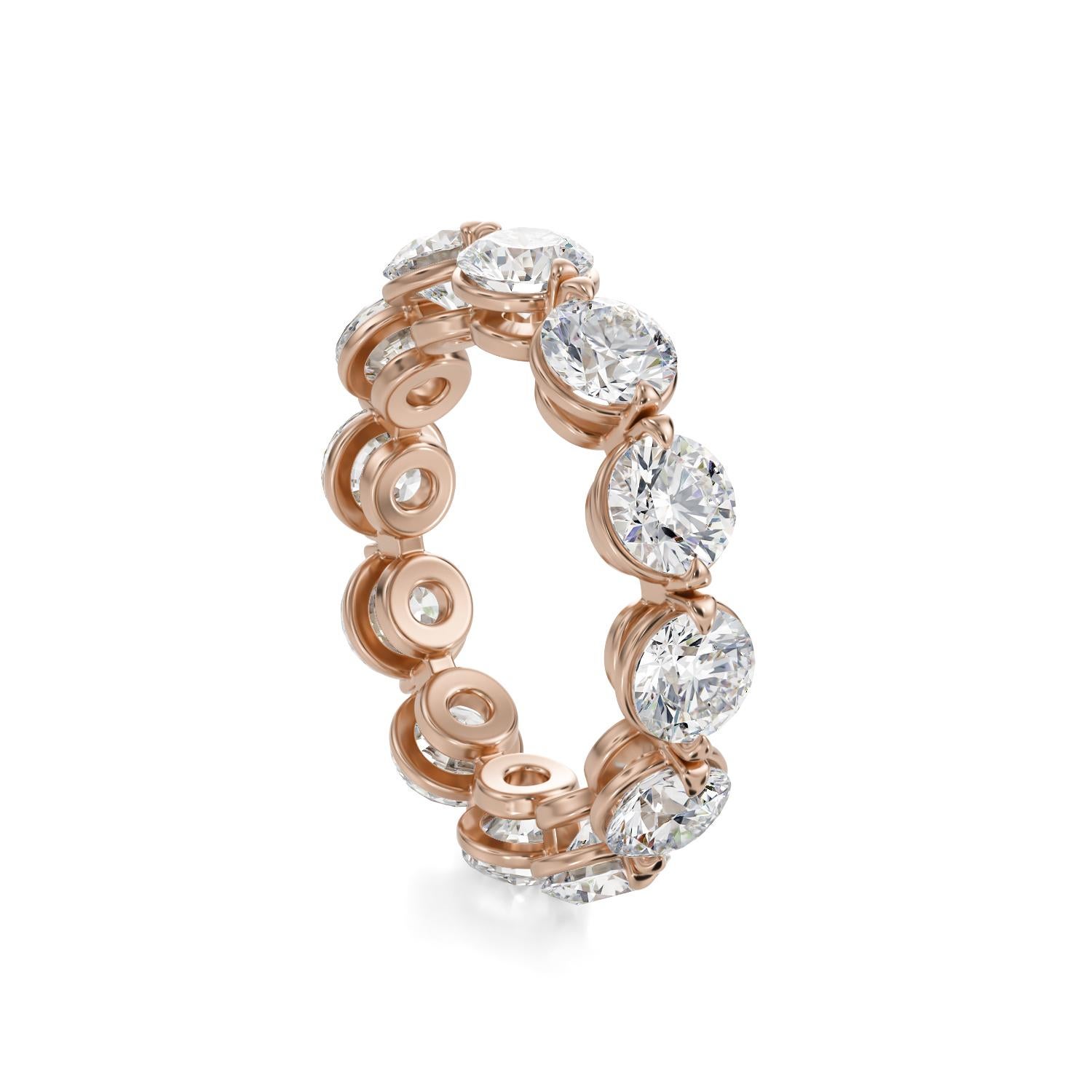 Diamond Eternity Band set in Rose Gold. 12 Round Brilliant diamonds are E-F VS1-SI1. Carat weight: 4ct. Total ring weight 5.2grams. Ring size: 5. Can be sized upon request. This ring is customizable, price may vary depending on modifications such