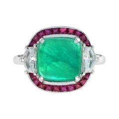 Certified 4.12 Carat Cabochon Emerald Ruby Diamond Halo Ring in 18K White Gold