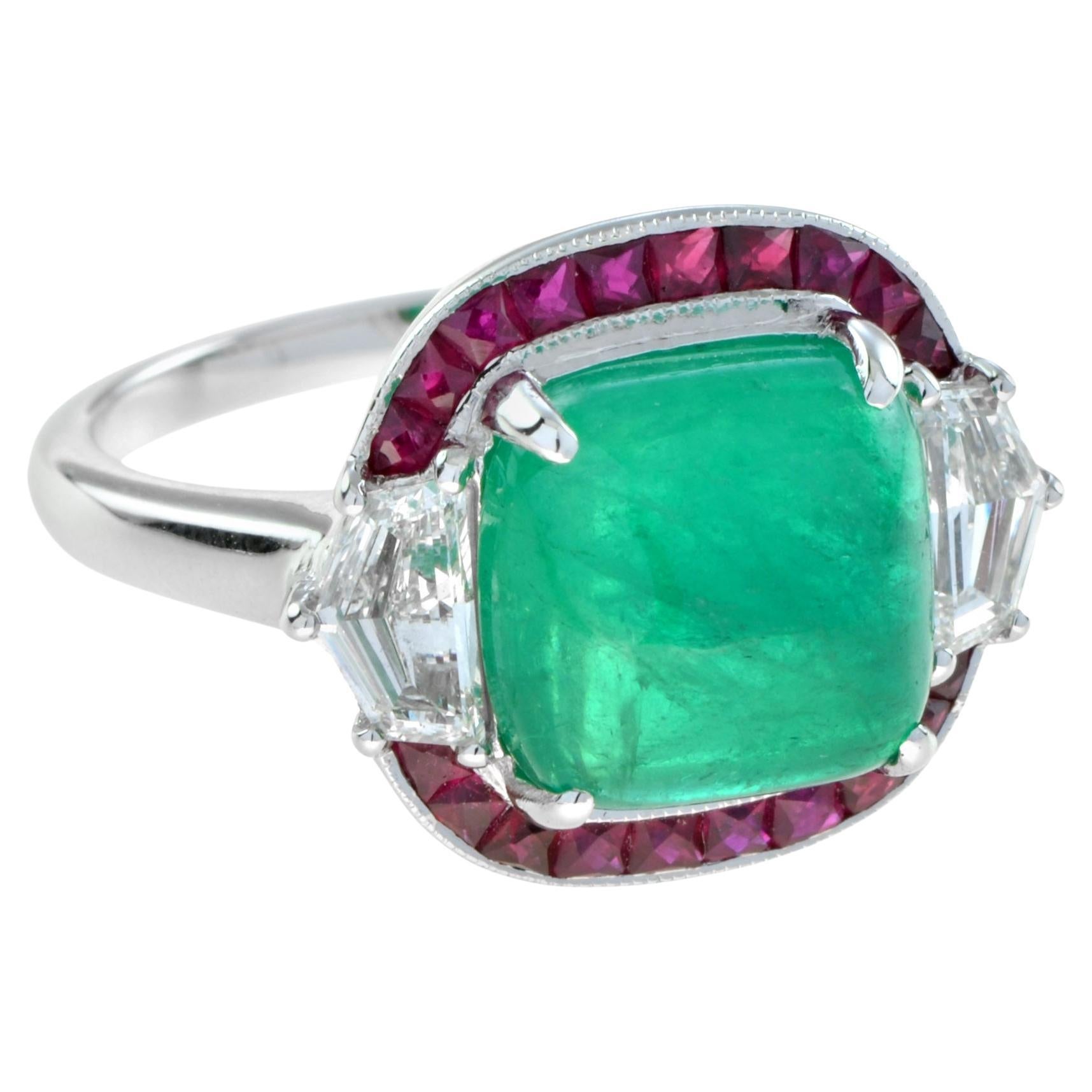 4.12 Carat Cabochon Emerald with Ruby and Diamond Halo Ring in 18K White Gold