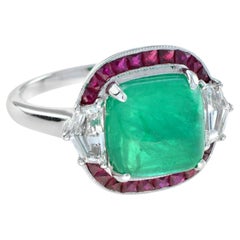 Certified 4.12 Carat Cabochon Emerald Ruby Diamond Halo Ring in 18K White Gold