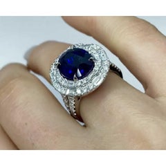 Halo 4 Carat Natural Sapphire Diamond Engagement Ring in 18K Gold, Cocktail Ring