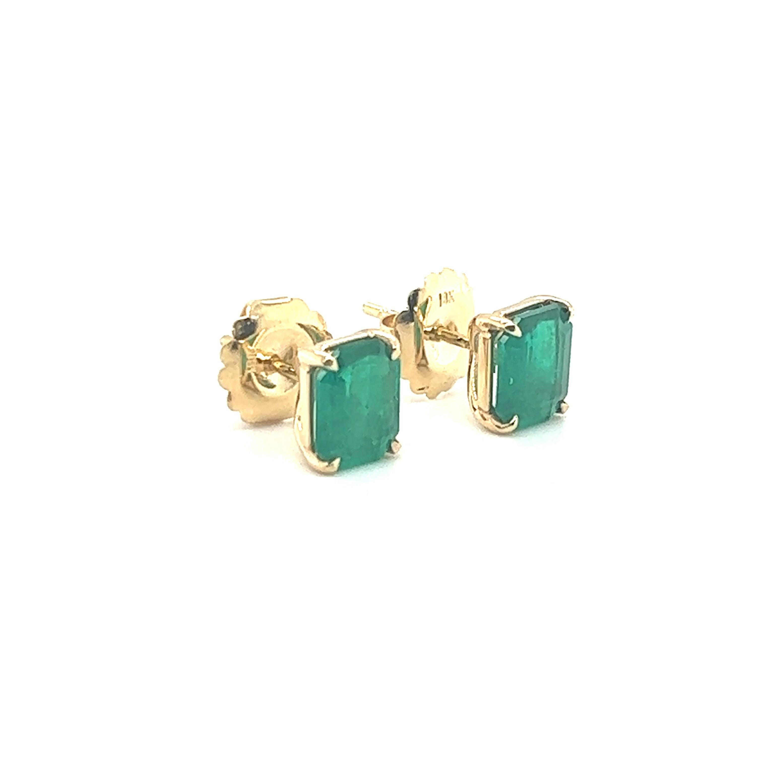4 Carat Colombian Emerald Cut Stud Earrings 18k Yellow Gold For Sale 4