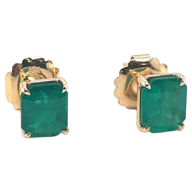4 Carat Colombian Emerald Cut Stud Earrings 18k Yellow Gold For Sale