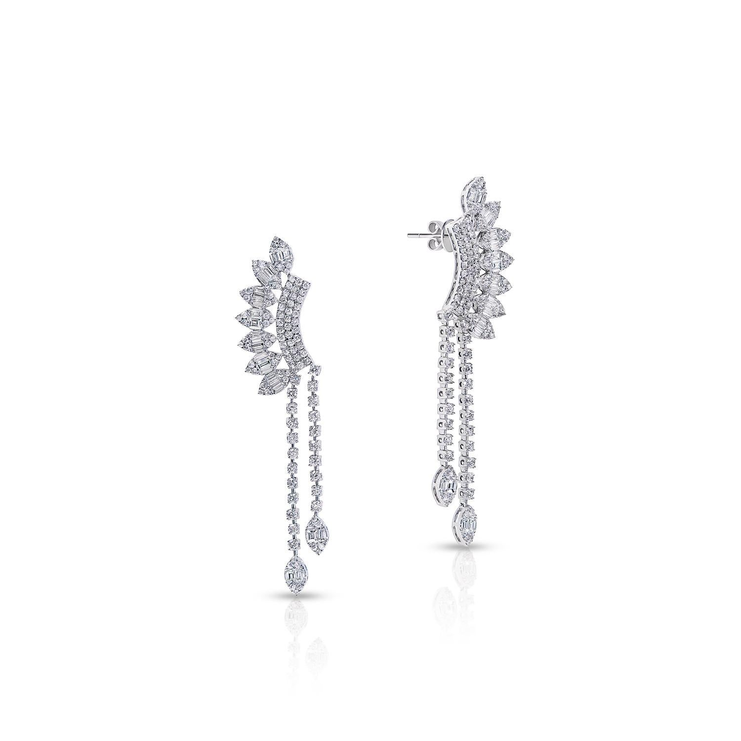 Dangling Diamond Earrings For Ladies:

Main Diamonds:
Carat Weight: 3.85 Carats
Shape: Combine Mix Shape

Metal: 14 Karat White Gold
Style: Dangling Earrings

Total Carat Weight: 3.85 Carats