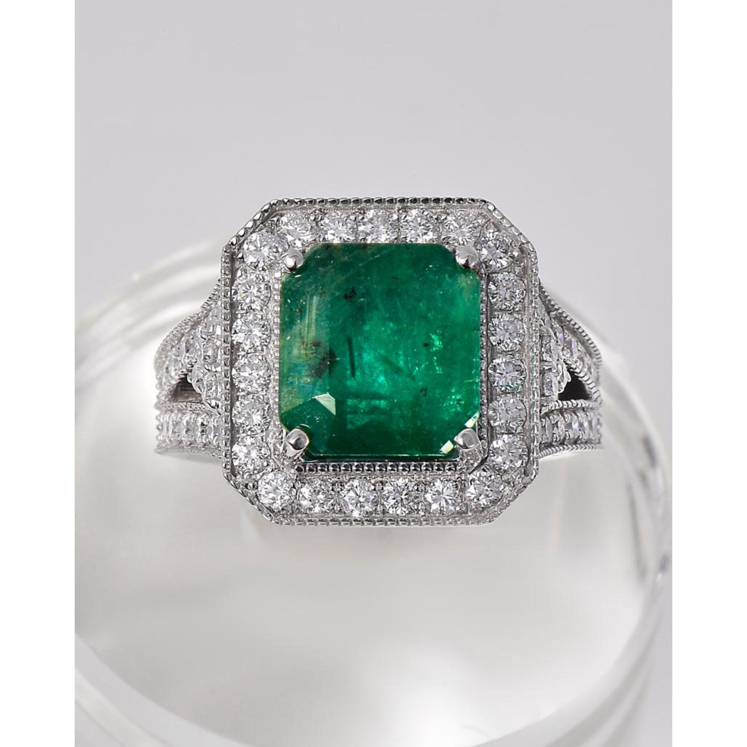 For Sale:  4 Carat Cushion Cut Halo Emerald Engagement Ring Art Deco Diamond Wedding Ring 4