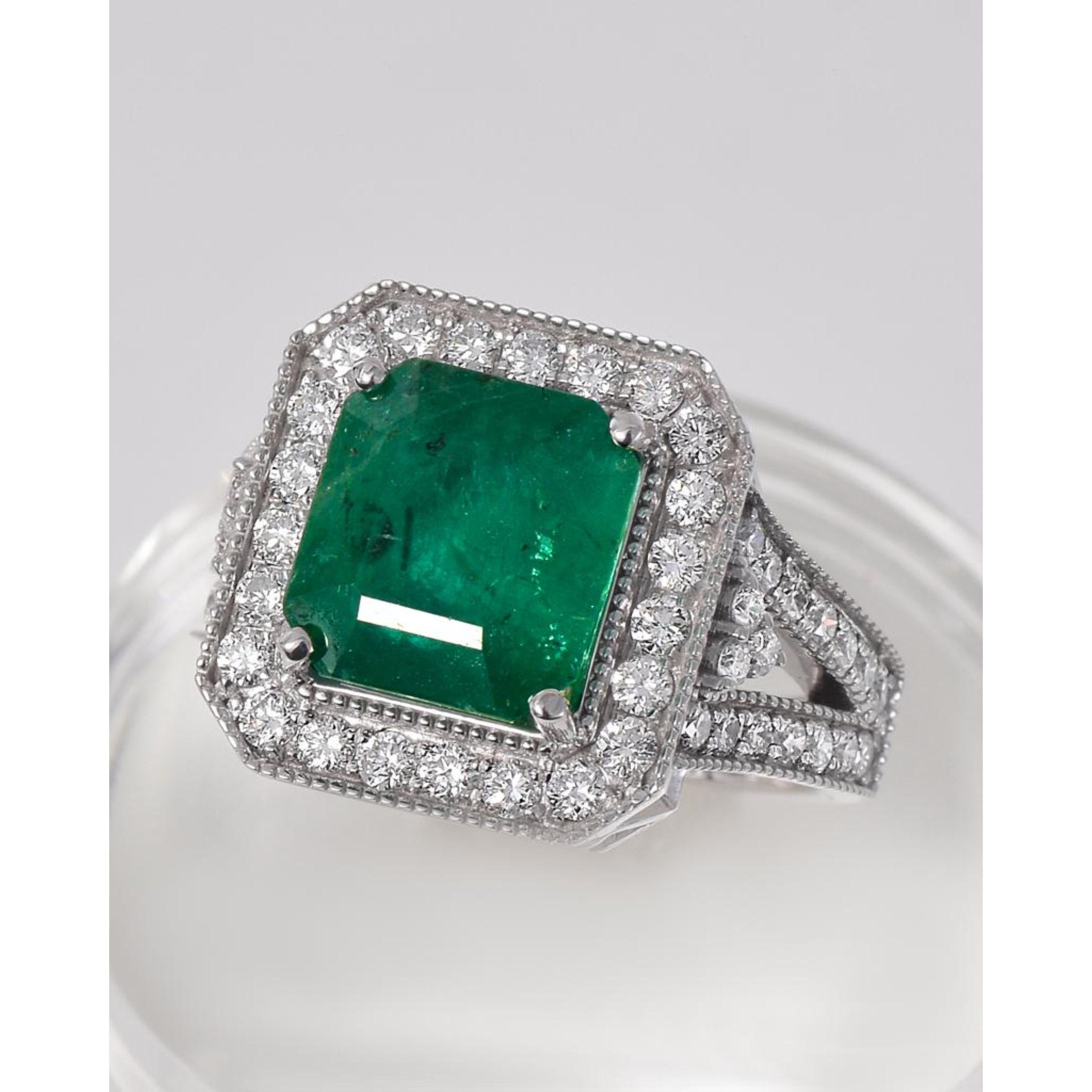 For Sale:  4 Carat Cushion Cut Halo Emerald Engagement Ring Art Deco Diamond Wedding Ring 5