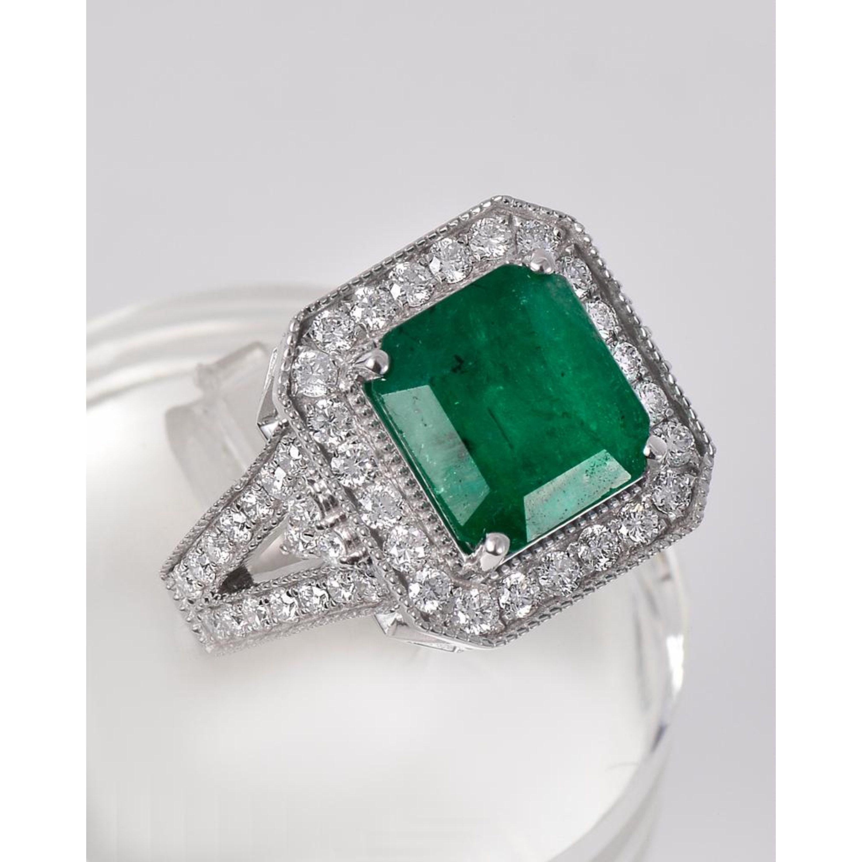 For Sale:  4 Carat Cushion Cut Halo Emerald Engagement Ring Art Deco Diamond Wedding Ring 6