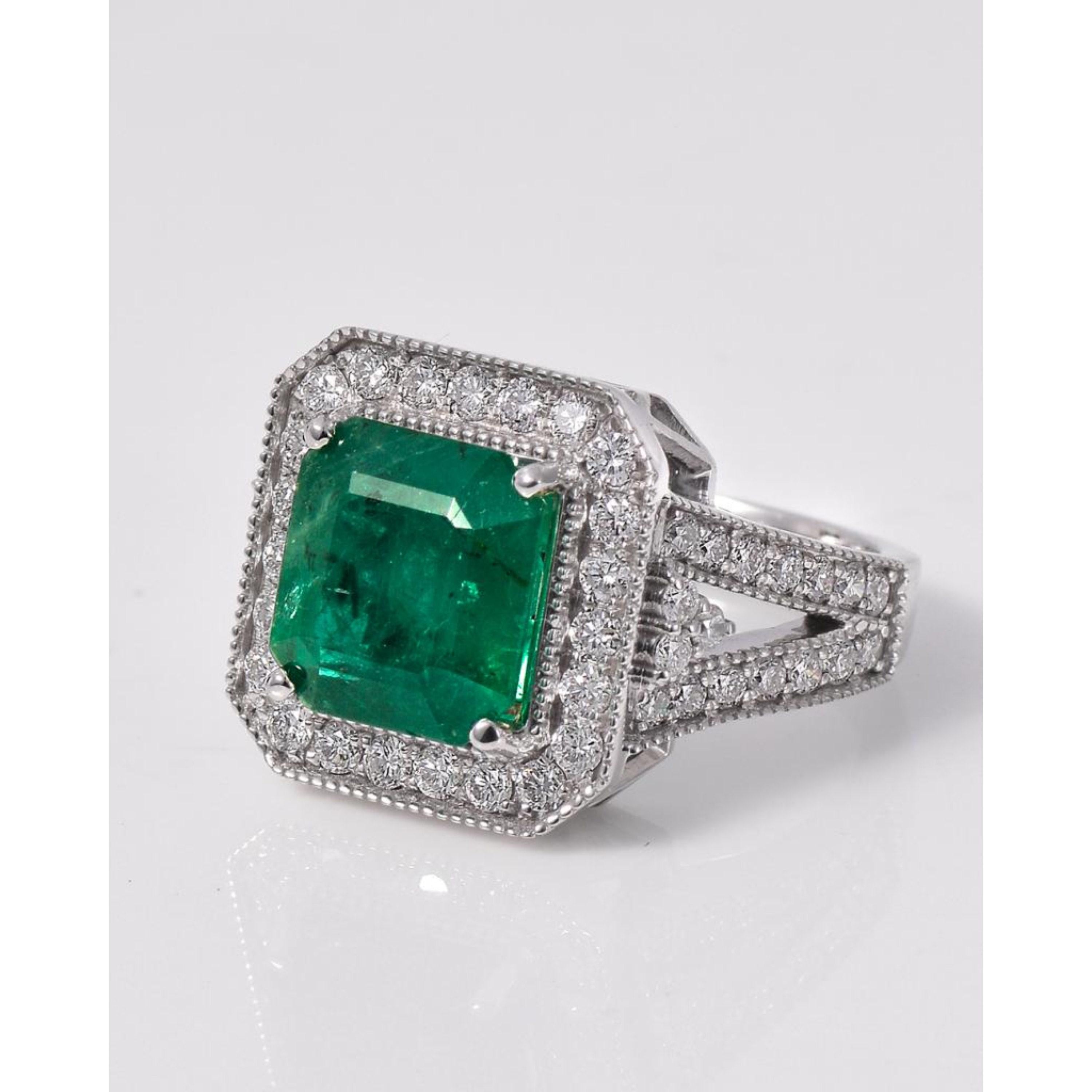 For Sale:  4 Carat Cushion Cut Halo Emerald Engagement Ring Art Deco Diamond Wedding Ring 7