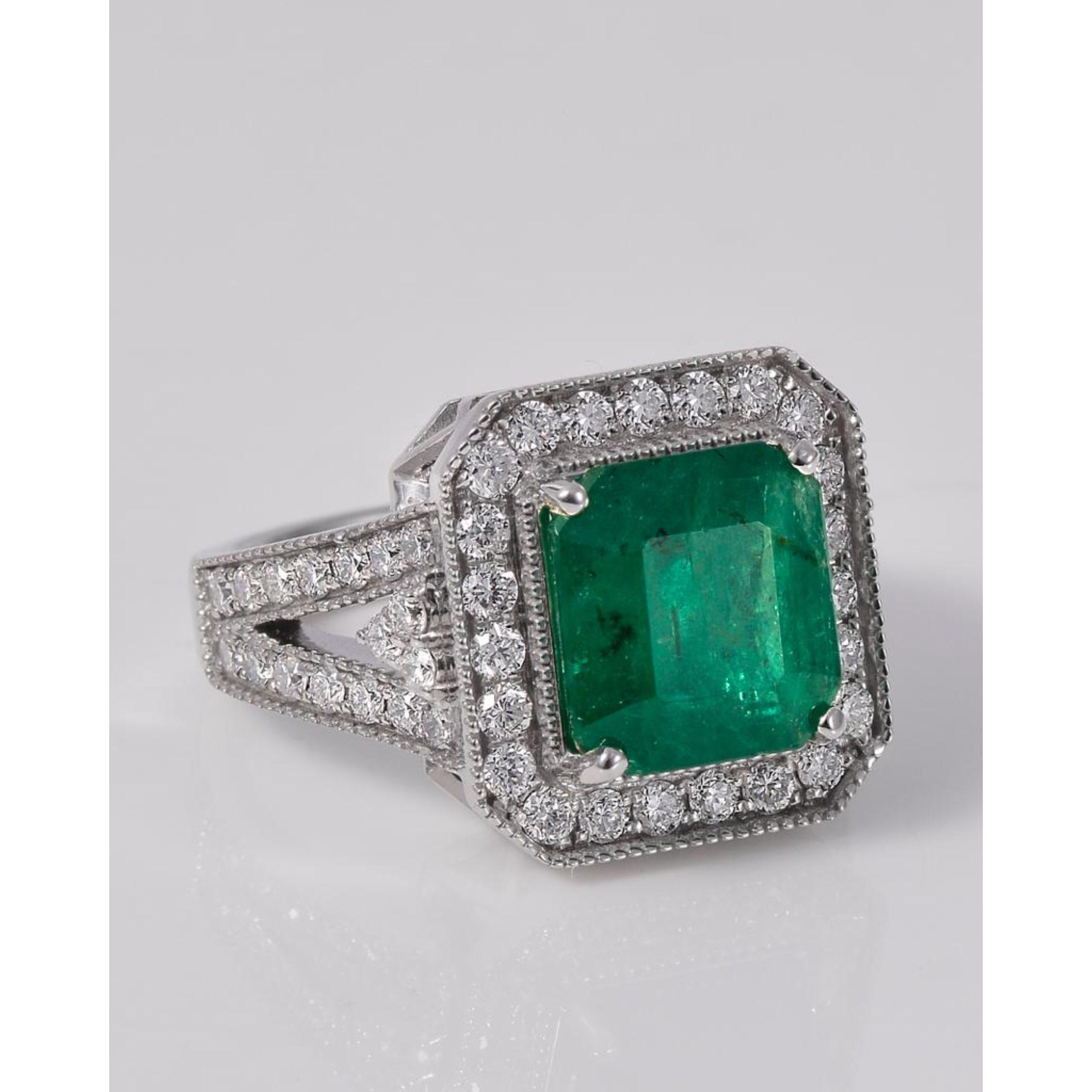 For Sale:  4 Carat Cushion Cut Halo Emerald Engagement Ring Art Deco Diamond Wedding Ring 8