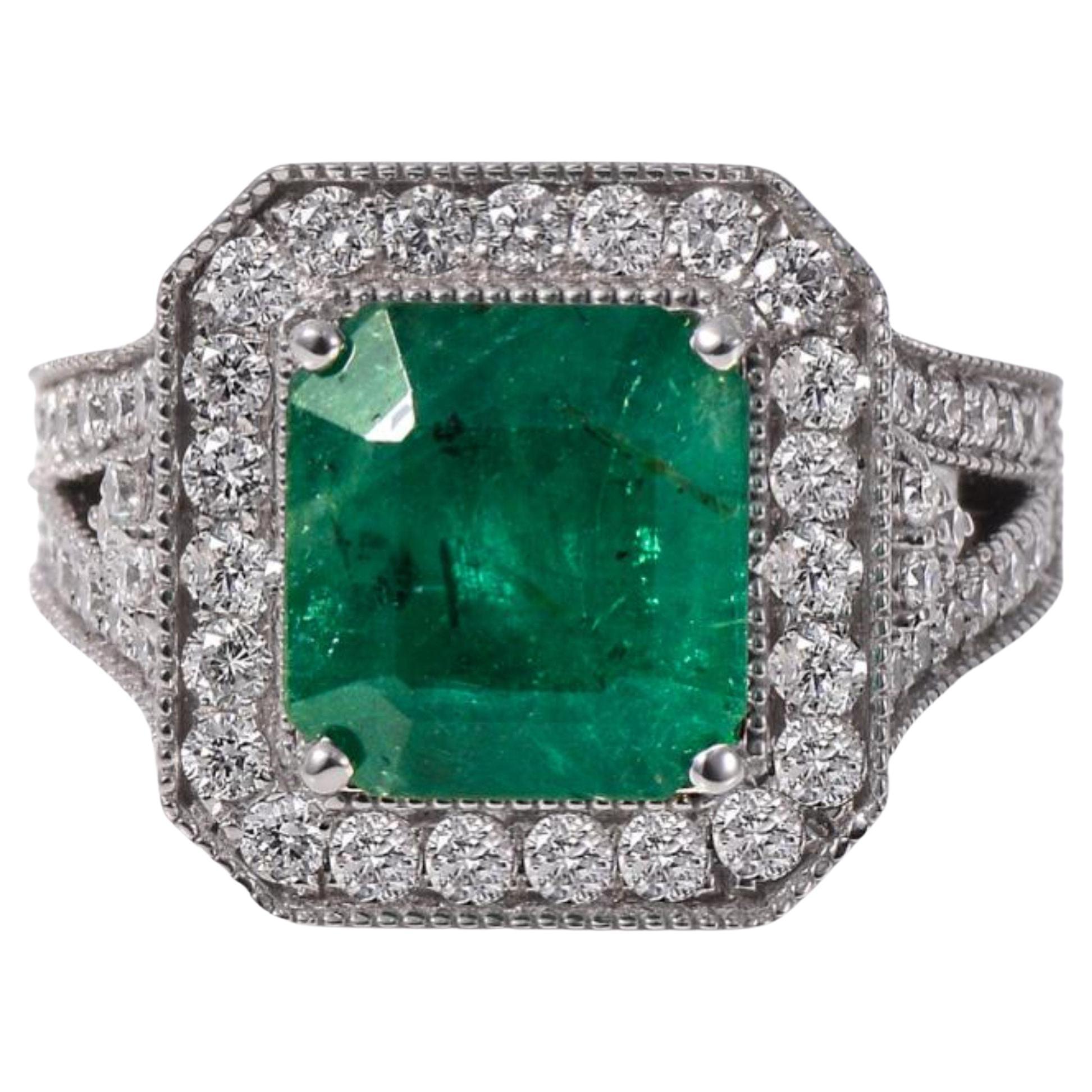 4 Carat Cushion Cut Halo Emerald Engagement Ring Art Deco Diamond Wedding Ring