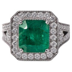 4 Carat Cushion Cut Halo Emerald Engagement Ring Art Deco Diamond Wedding Ring