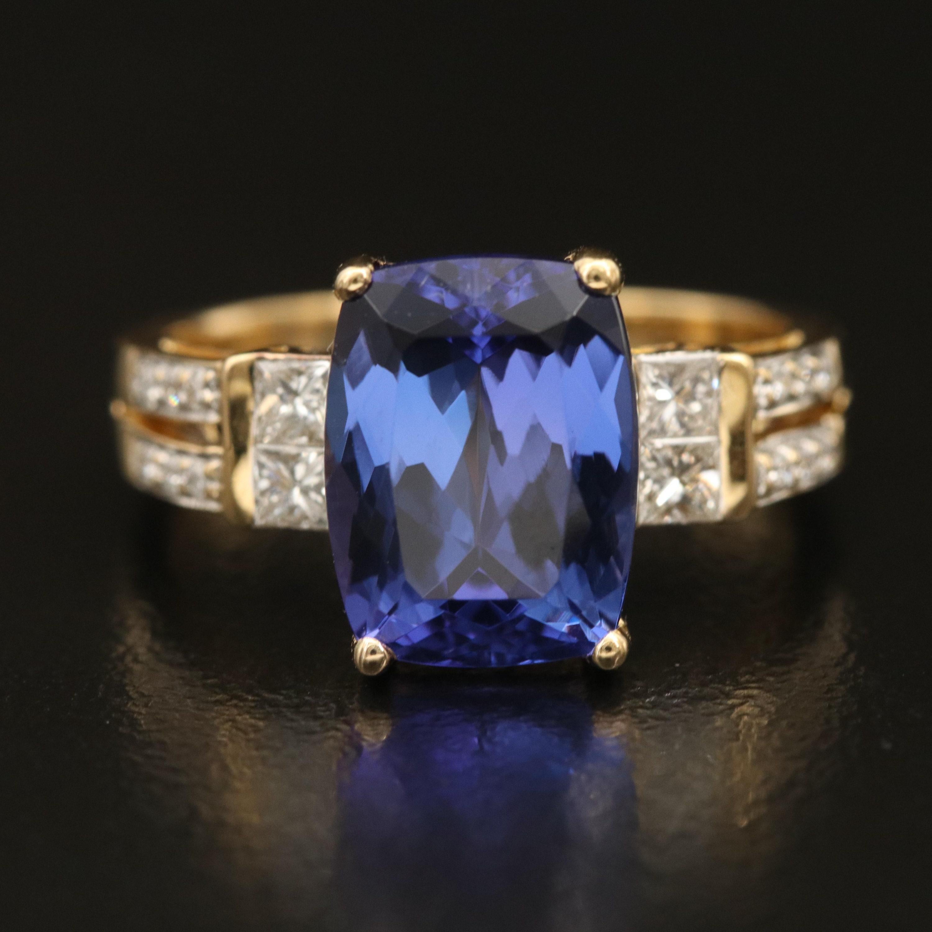 For Sale:  4 Carat Cushion Cut Tanzanite Engagement Ring, Diamond Signet Wedding Band 3