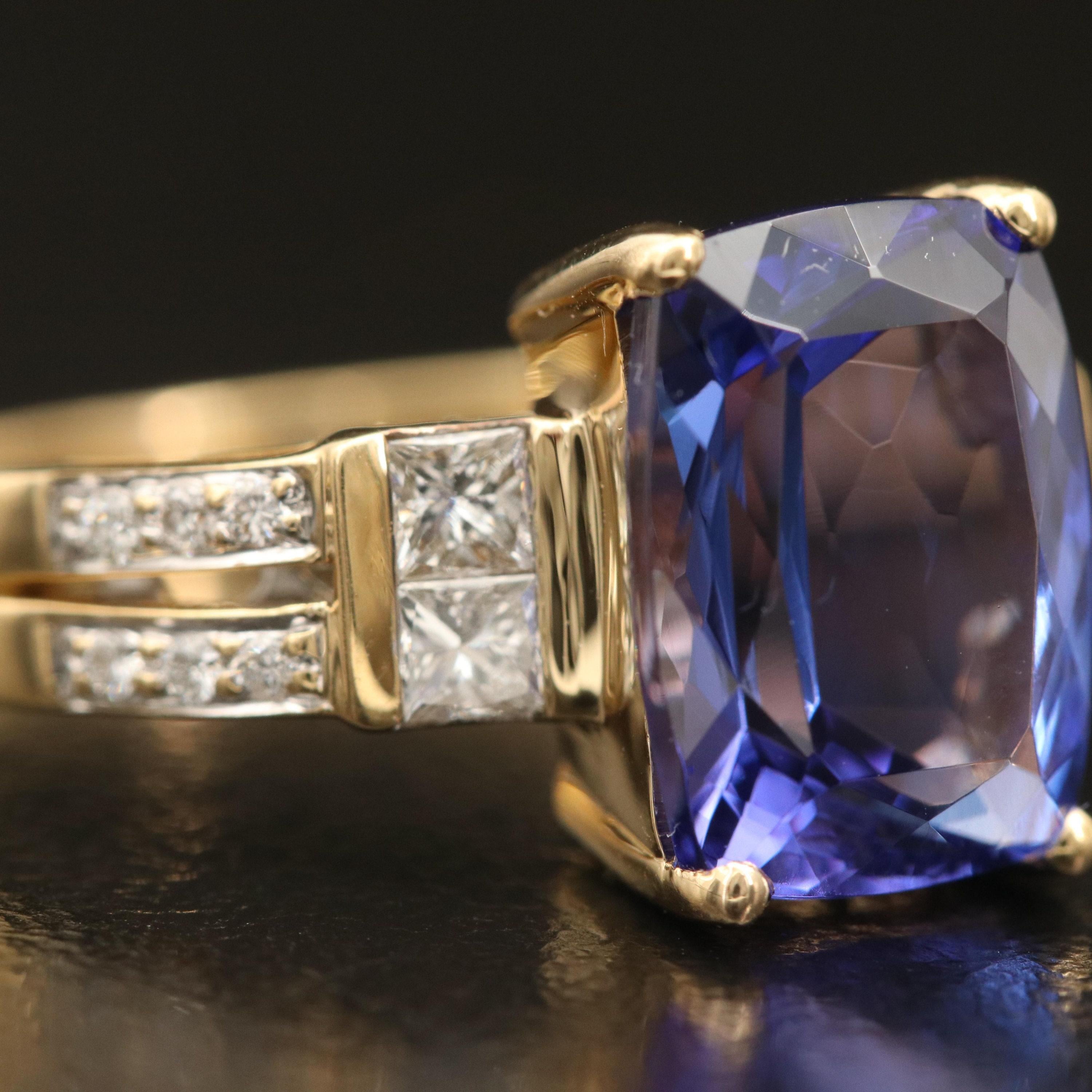 For Sale:  4 Carat Cushion Cut Tanzanite Engagement Ring, Diamond Signet Wedding Band 4