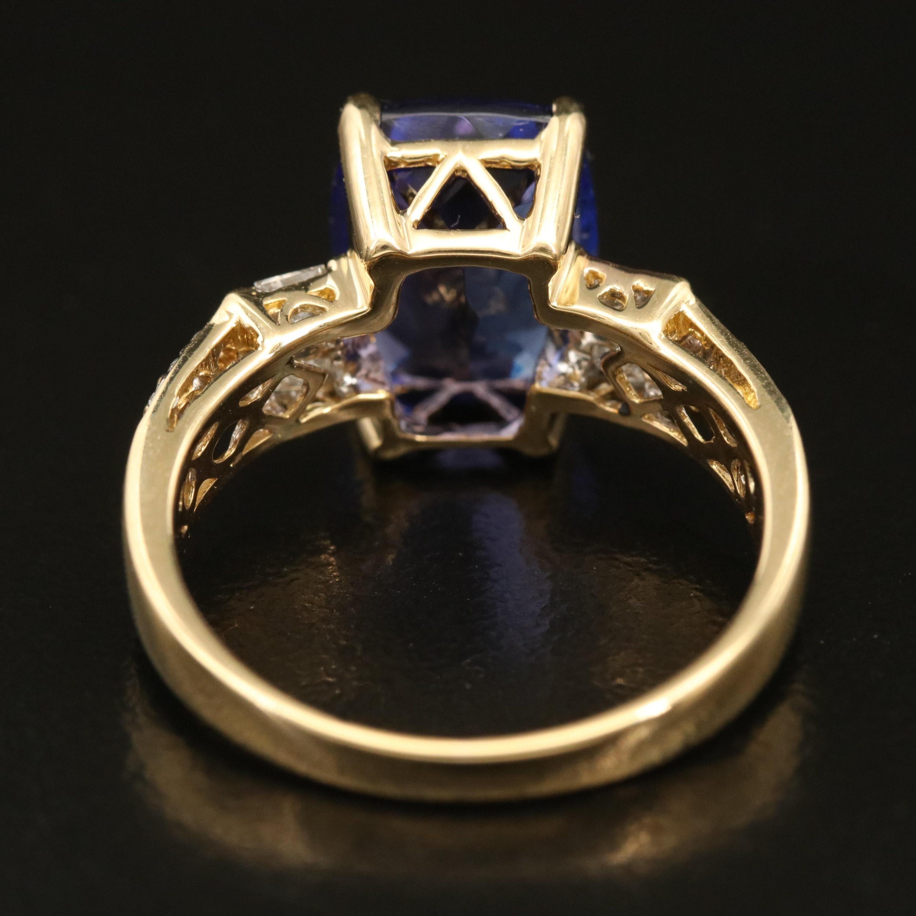 For Sale:  4 Carat Cushion Cut Tanzanite Engagement Ring, Diamond Signet Wedding Band 5