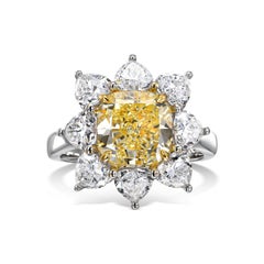 4 Carat Cushion Fancy Yellow Diamond Engagement Cocktail Ring, 18K Gold GIA Cert