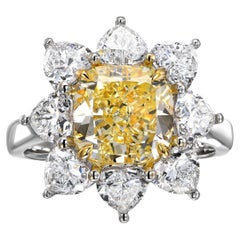 4 Carat Cushion Fancy Yellow Diamond Engagement Cocktail Ring, 18K Gold GIA Cert