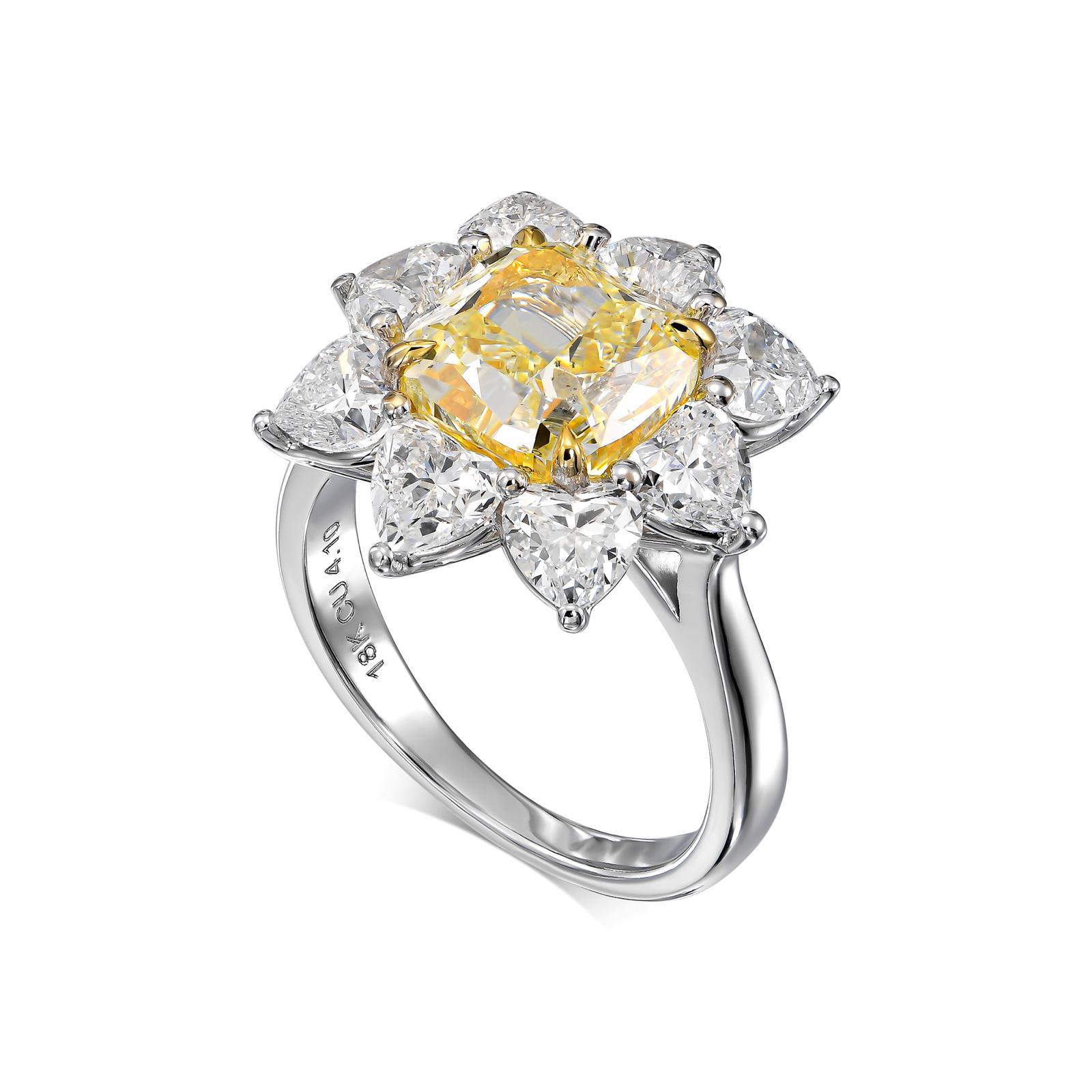 Cushion Cut 4 Carat Cushion Fancy Yellow Diamond Engagement Cocktail Ring, 18K Gold GIA Cert