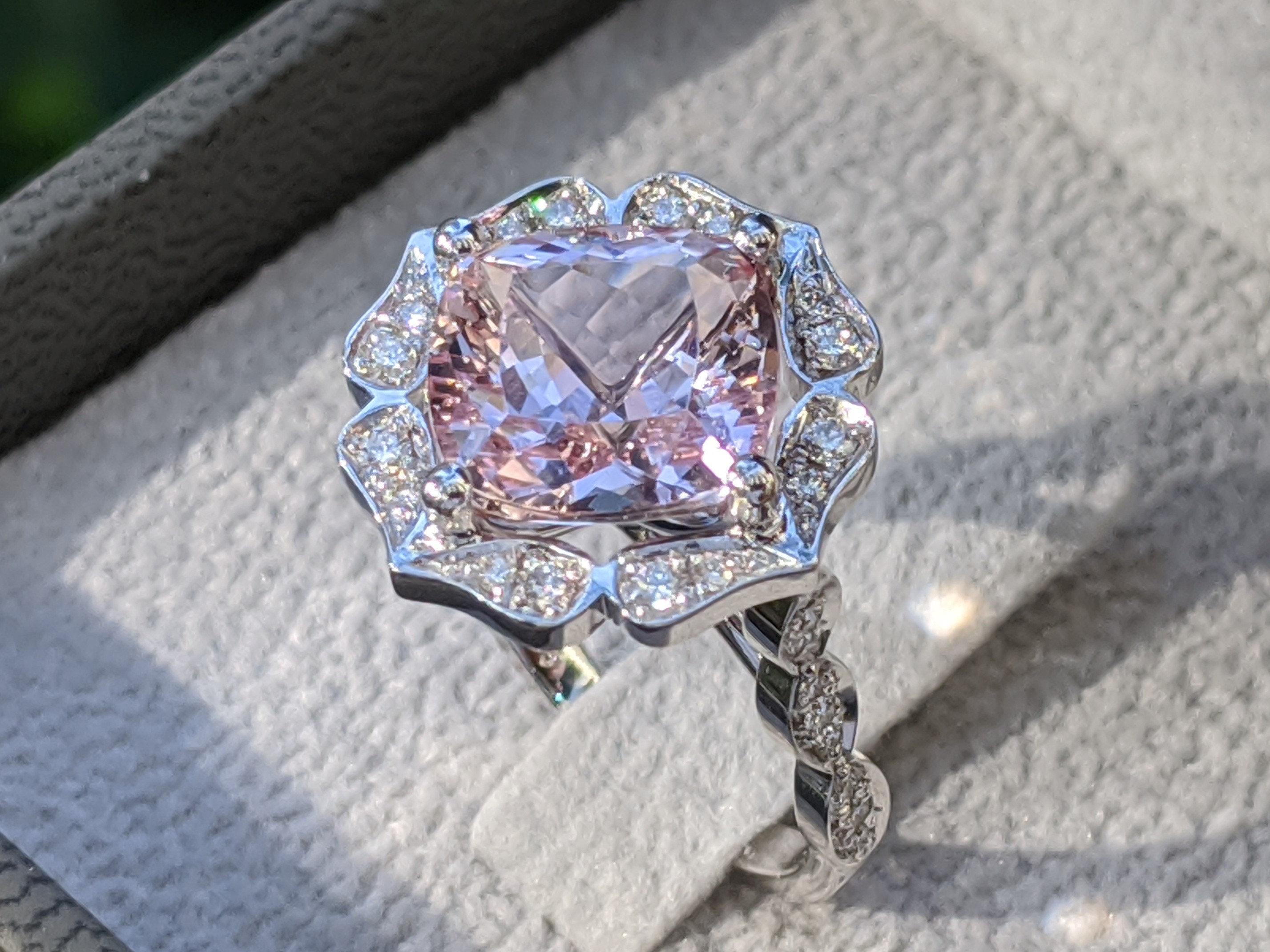 One of a kind 4 Carat Morganite and Diamonds Engagement Ring - An amazing pink natural cushion morganite gemstone,
 adorned by 1/2ctw of white natural diamonds - this ring is a great diamond alternative ring that will draw attention wherever you