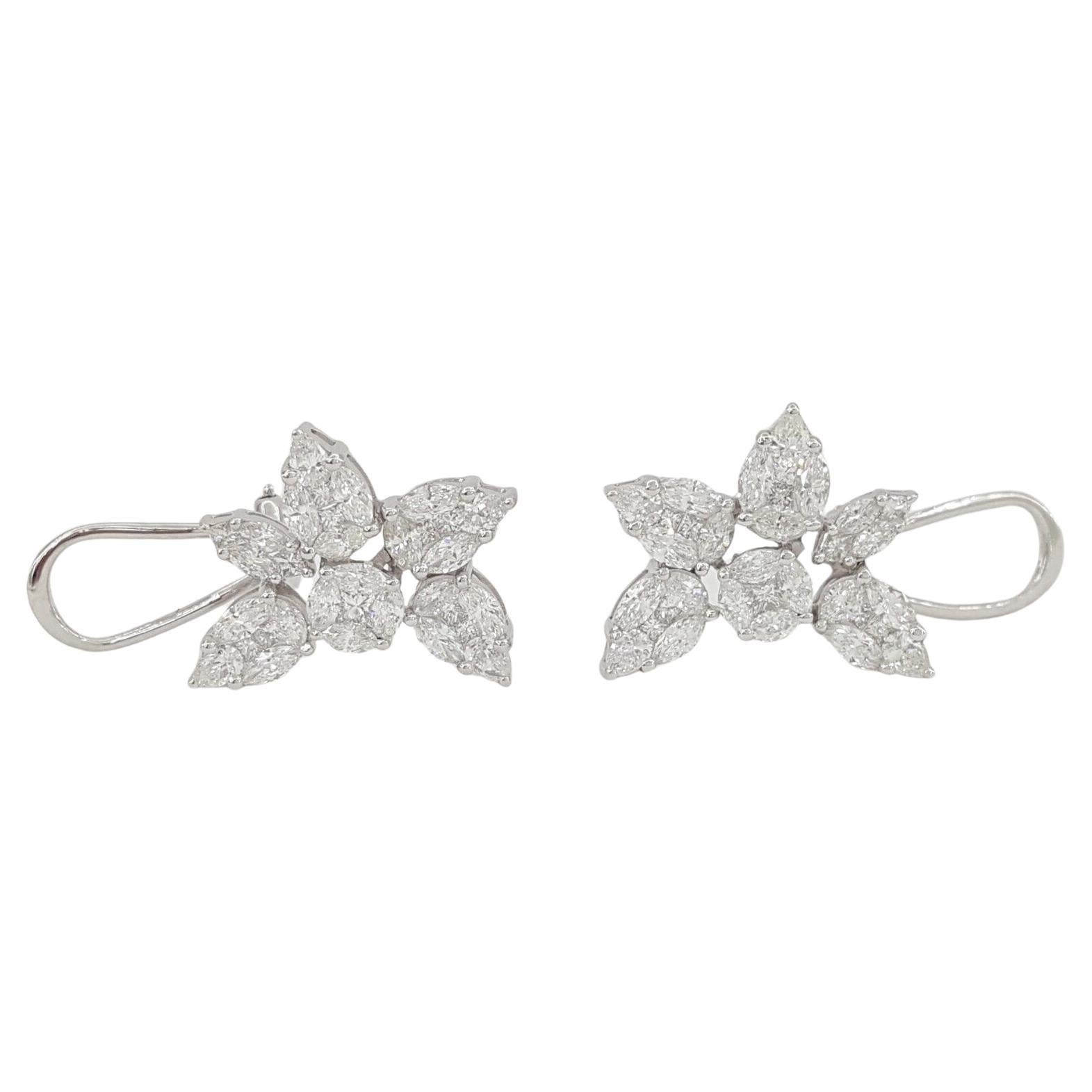  4 ct Pear, Marquise & Princess Cut Diamond Flower Shape Cluster 18k White Gold Cuff Earrings