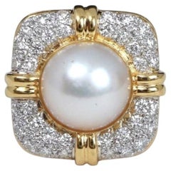 4 Carat Diamond Mabe Pearl 18k Yellow Gold Omega Back Earrings