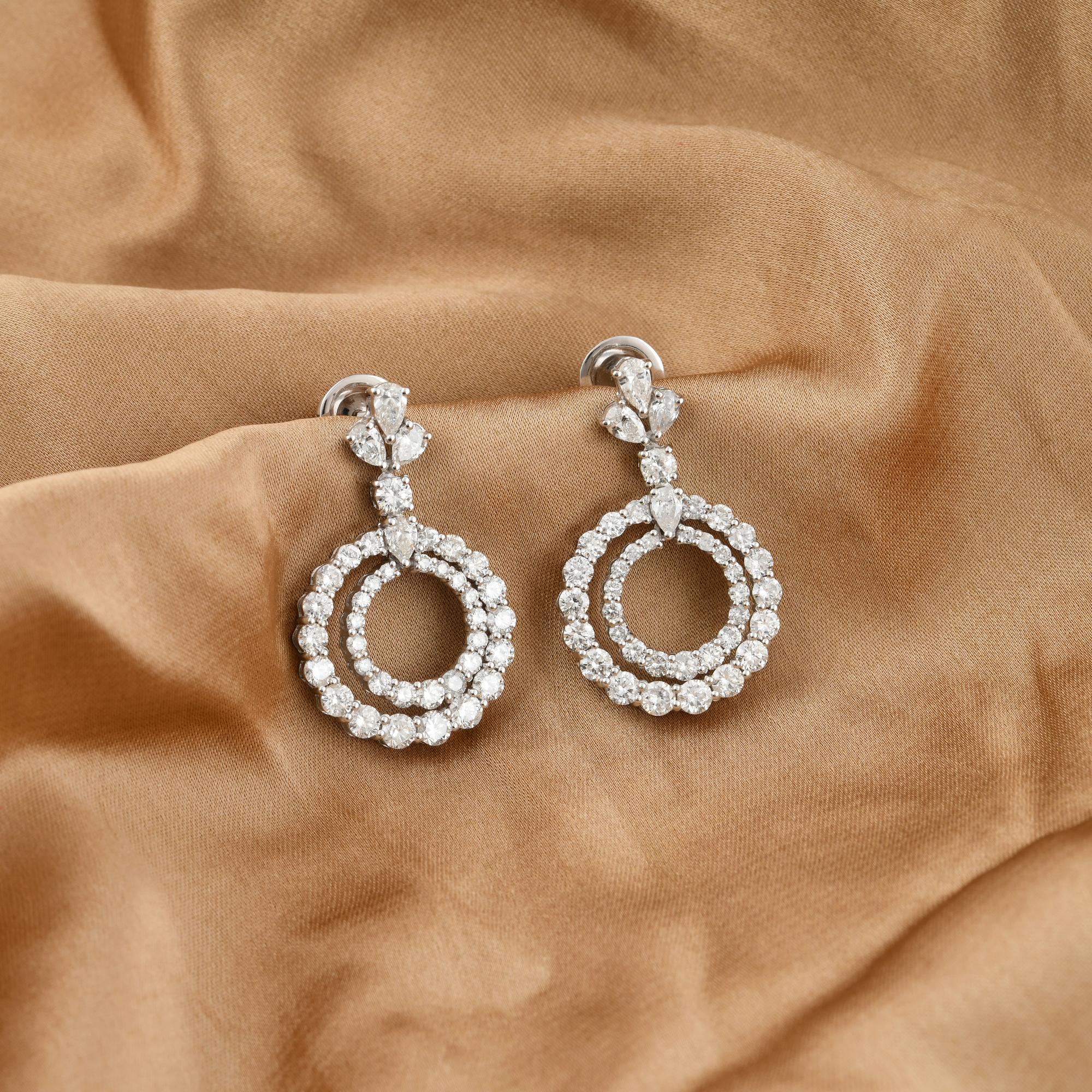 Round Cut 4 Carat Diamond Round Circle Dangle Earrings 14 Karat White Gold Fine Jewelry For Sale