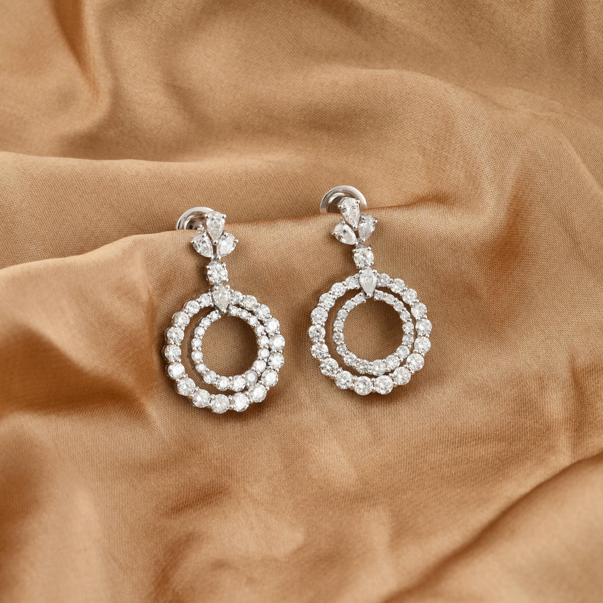 Round Cut 4 Carat Diamond Round Circle Dangle Earrings 18 Karat White Gold Fine Jewelry For Sale