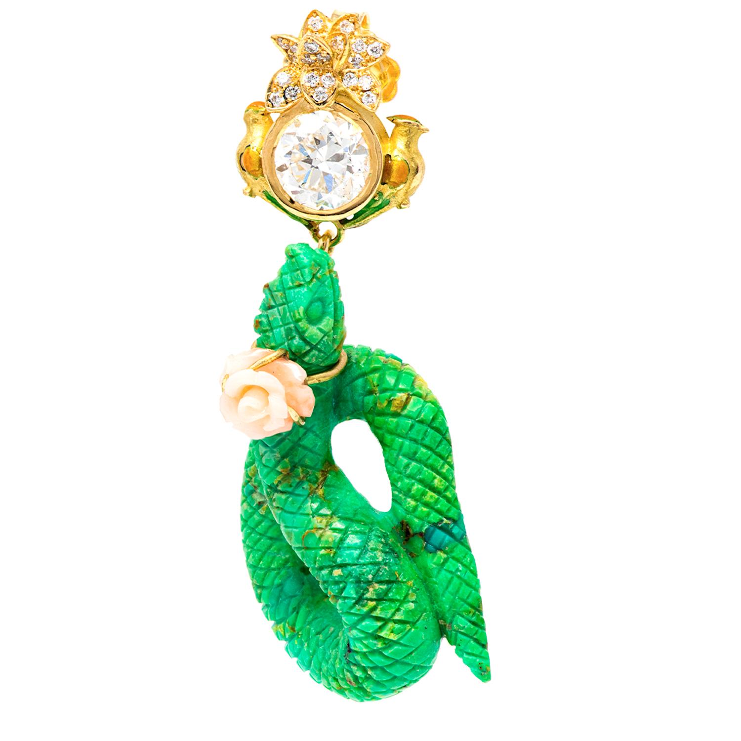 Modern 21st Century Diamonds Snake Green Turquoise Jade Rose Coral Birds Gold Earrings