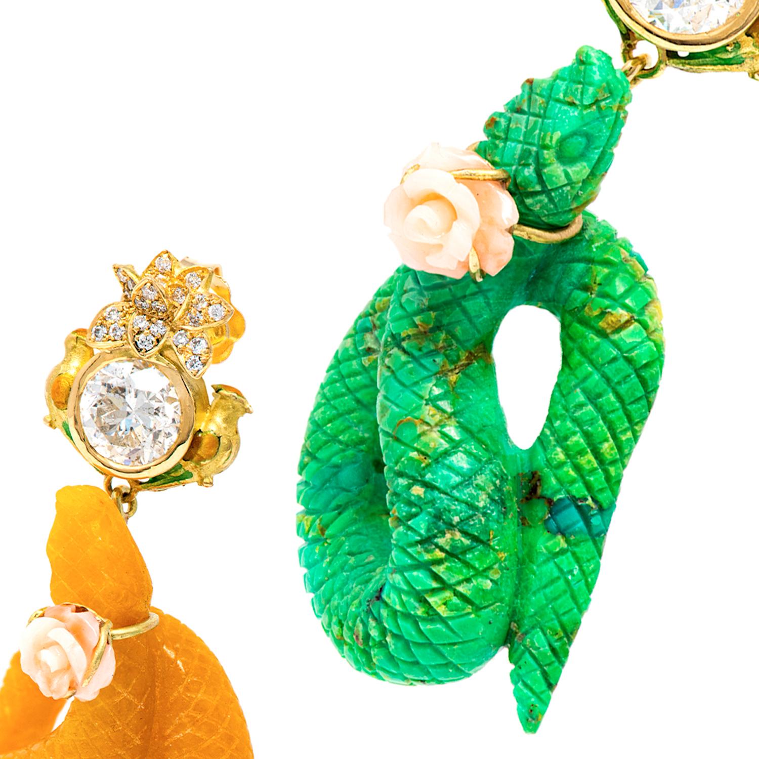 Brilliant Cut 21st Century Diamonds Snake Green Turquoise Jade Rose Coral Birds Gold Earrings