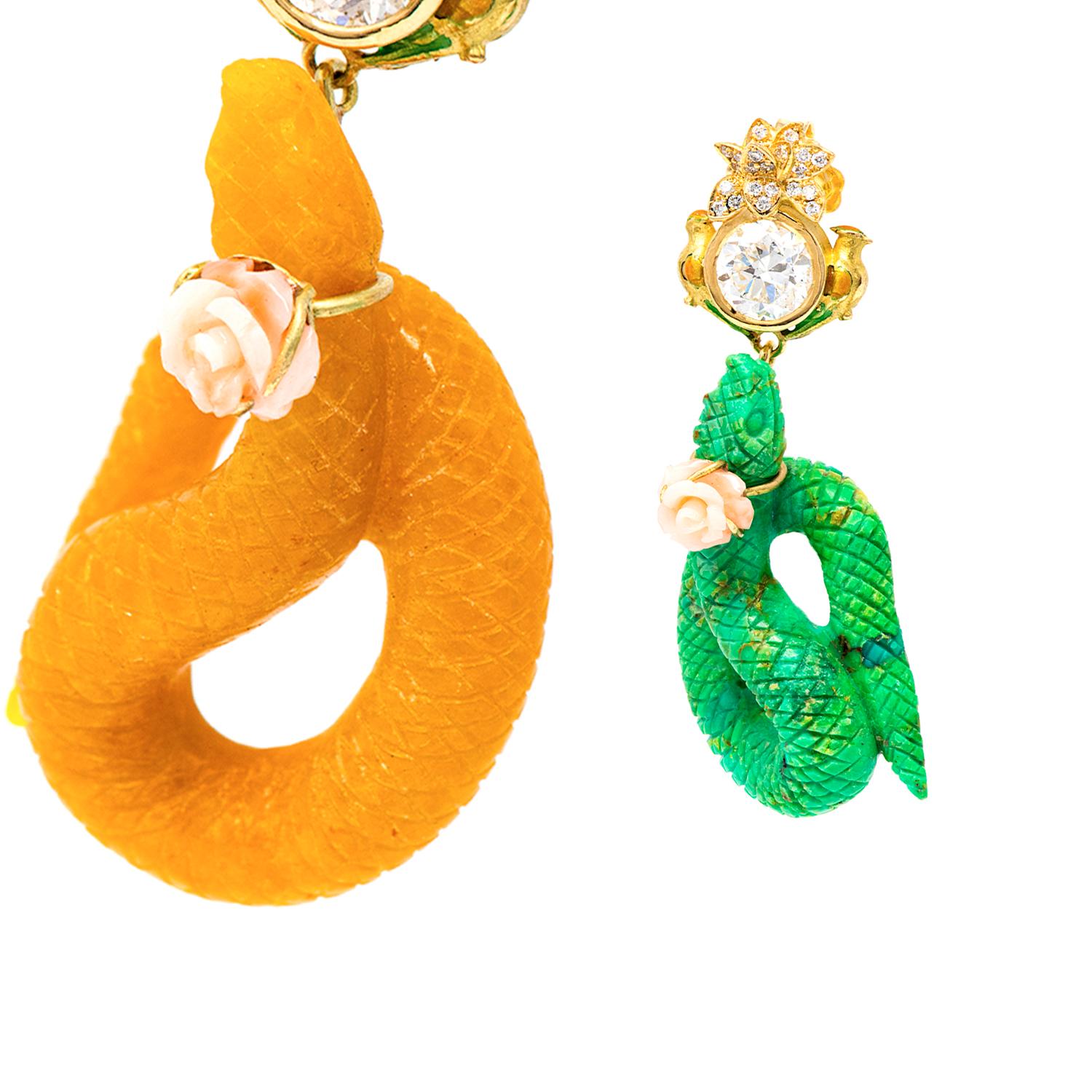 21st Century Diamonds Snake Green Turquoise Jade Rose Coral Birds Gold Earrings In New Condition In Valencia, ES