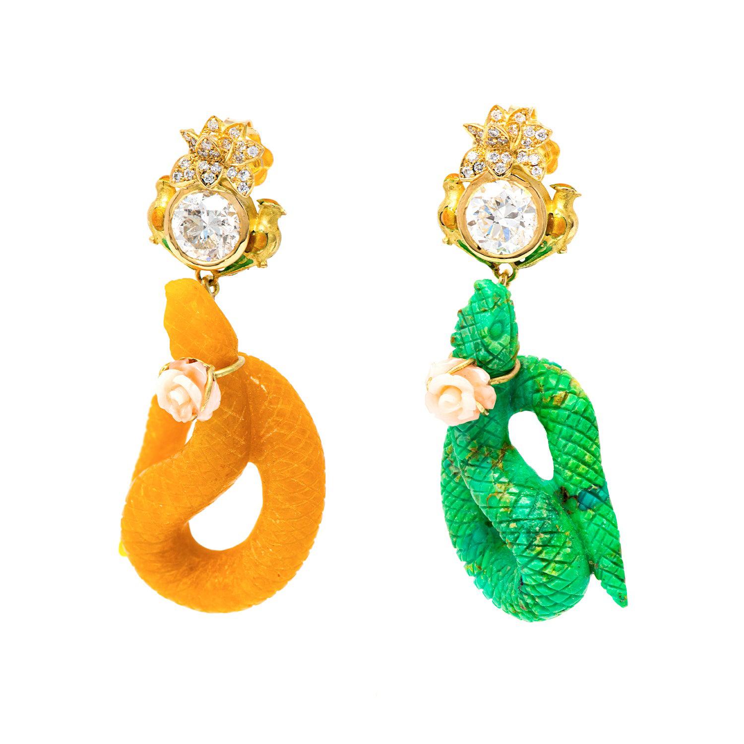 21st Century Diamonds Snake Green Turquoise Jade Rose Coral Birds Gold Earrings