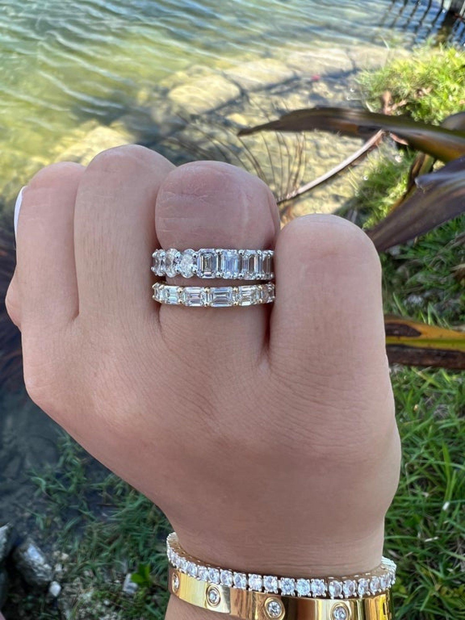 The East To West Emerald Cut Diamond Eternity Band is the trendiest diamond eternity band now. The placement of these diamonds makes them perfect for stacking with any ring, or great to wear on their own. This beautiful trendy piece is definitely
