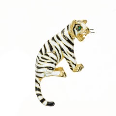 .4 Carat Emerald 18k Two-Tone Gold Black White Enamel Tiger Brooch