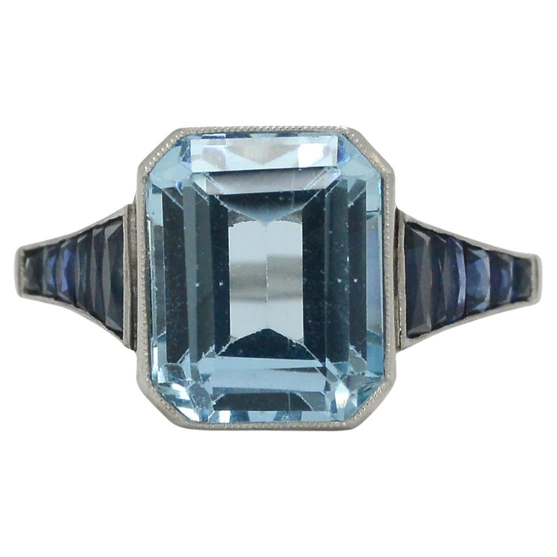 4 Carat Emerald Cut Aquamarine & Sapphire Art Deco Style Engagement Ring