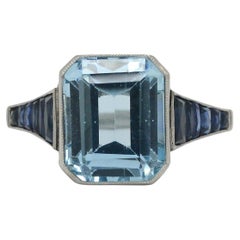 Bague de fiançailles Art Déco 4 carats, aigue-marine et saphir, taille émeraude