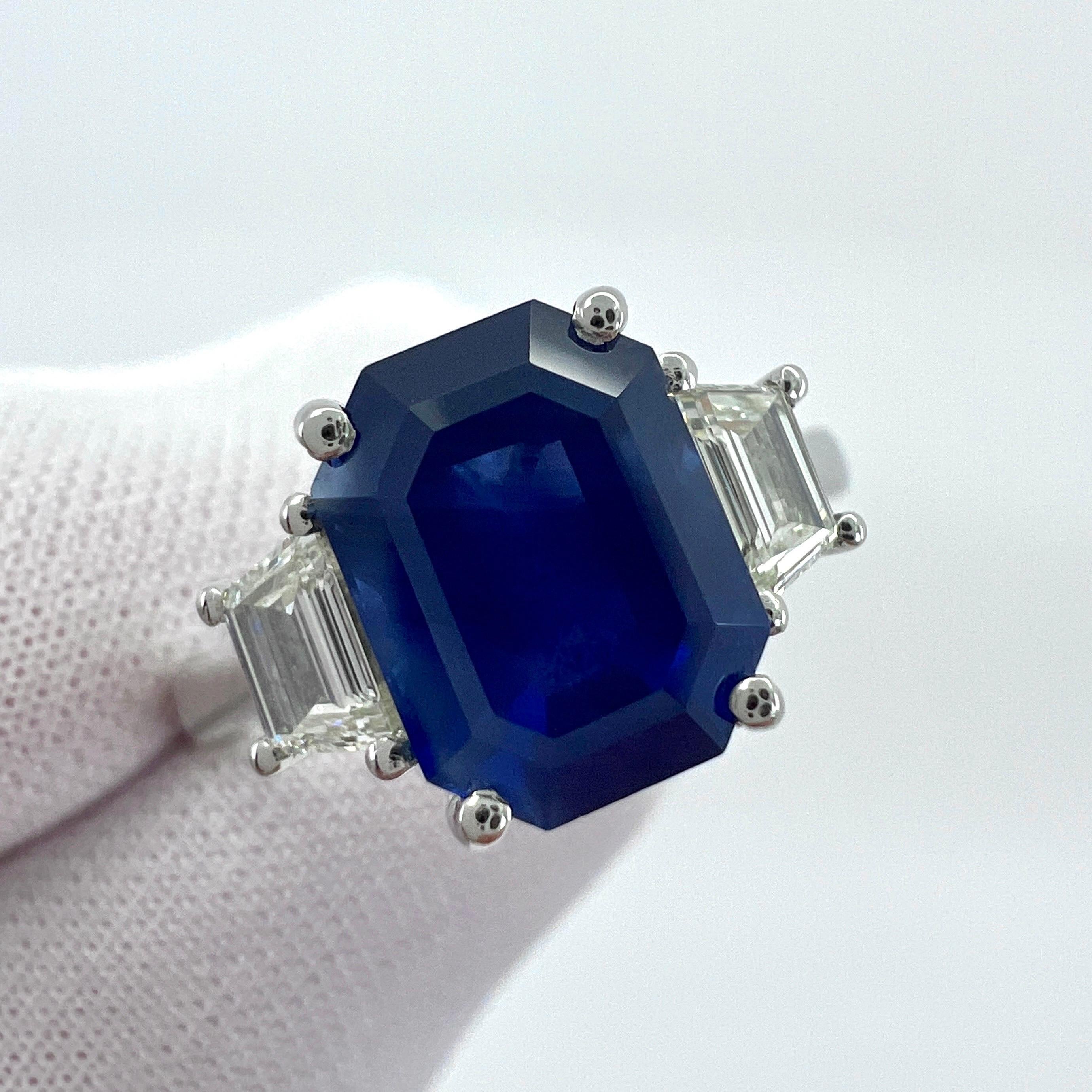 4 Carat Emerald Cut Ceylon Blue Sapphire & Diamond Platinum Three Stone Ring For Sale 3